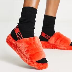 UGG Fluff Yeah Slide Slippers Fuzzy Hazard Orange Sz 7 NWOB